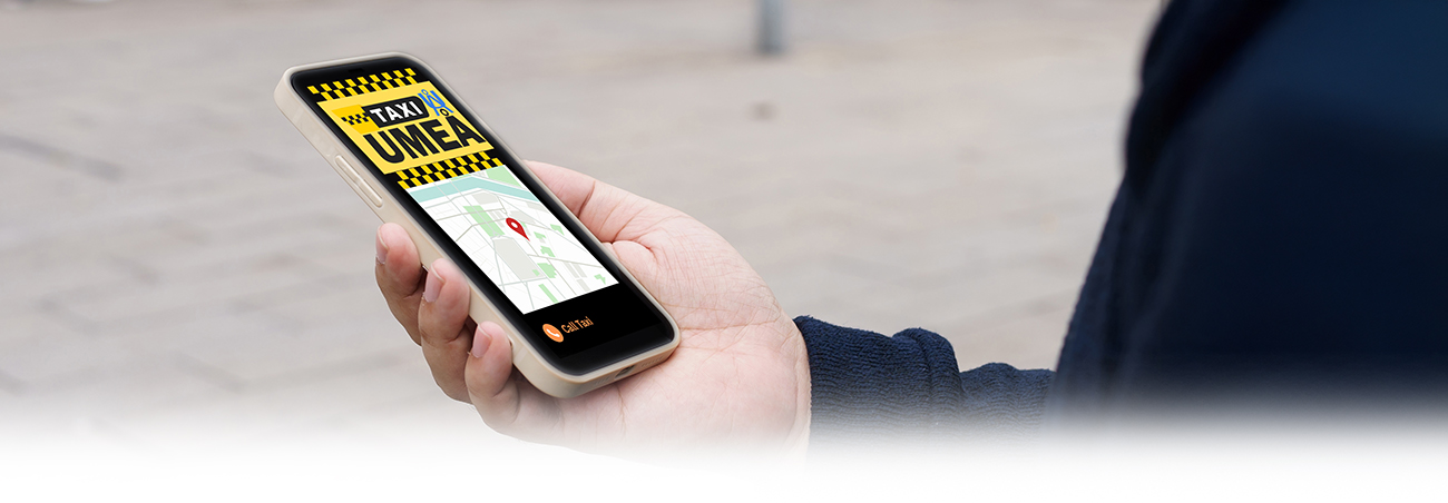 Mobiltelefon med Umeå Express Taxis bokningsmotiv