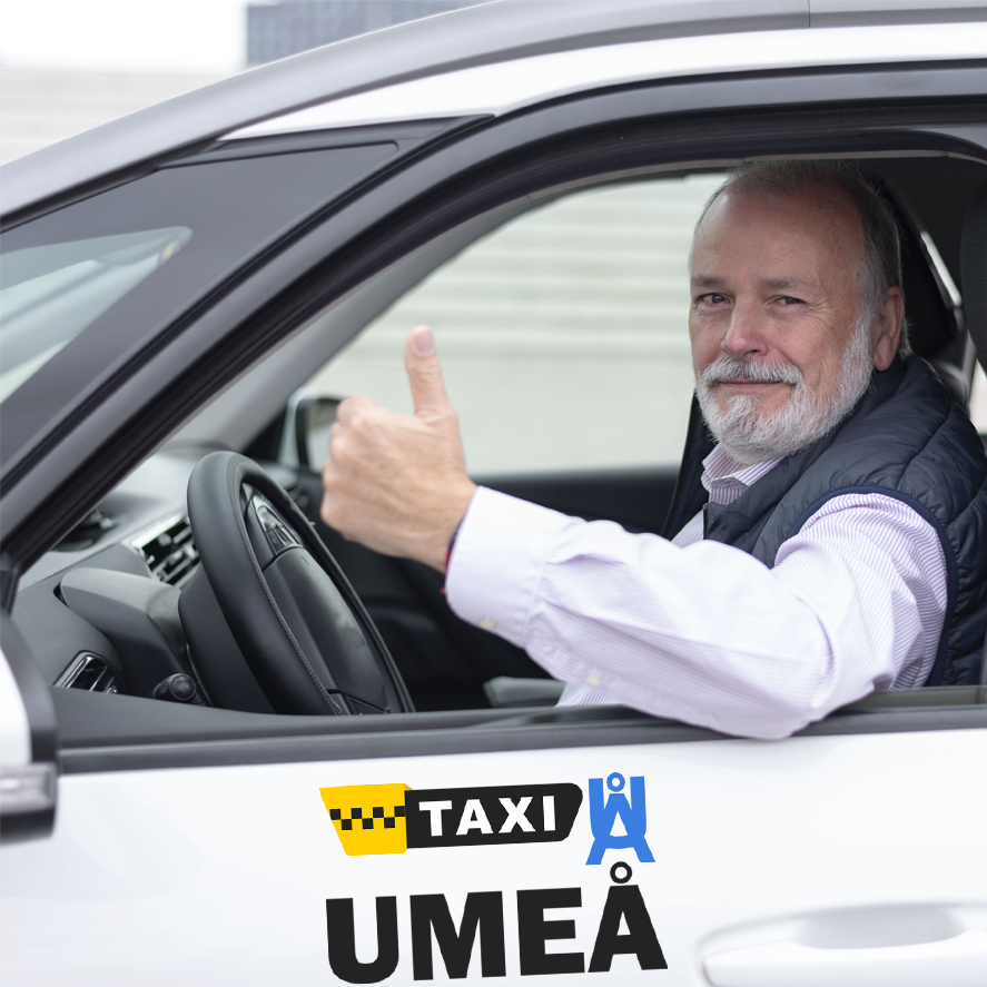 Förare vid ratten i en bil med Umeå Express Taxis logotyp